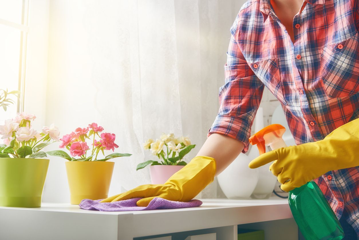 Gloved hands cleaning a counter with cleaning supplies and flower pots on the counter